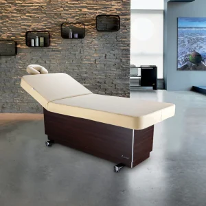 Pat masaj Bellagio 1M, cu înălțime reglabilă și tetieră tip potcoavă, ideal pentru centre de wellness și spa-uri.